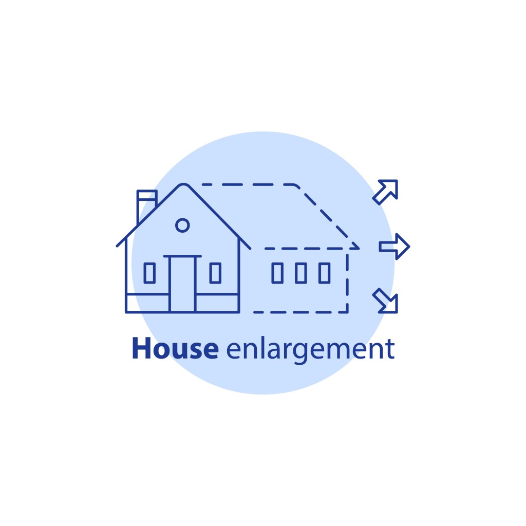 House enlargement services, extension concept, building addition, home improvement, remodeling logo, renovation and construction, property size, real estate options, vector line icon