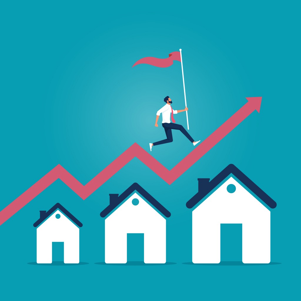 Housing price rising up, real estate investment or property growth concept, businessman holding flag running on rising house graph